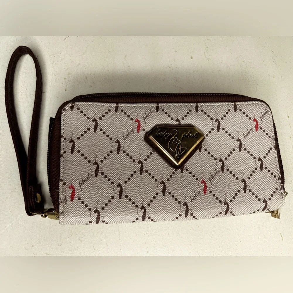 Baby Phat Y2K Tan Monogram Cat Logo Wallet Wristlet Gold Accent NEW
